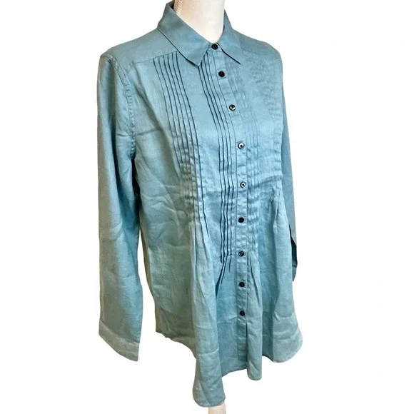 SUNDANCE Blue Katina Linen Pintuck Tunic Shirt Sz M Pleated Boho Travel‎ Relaxed - Picture 9 of 14